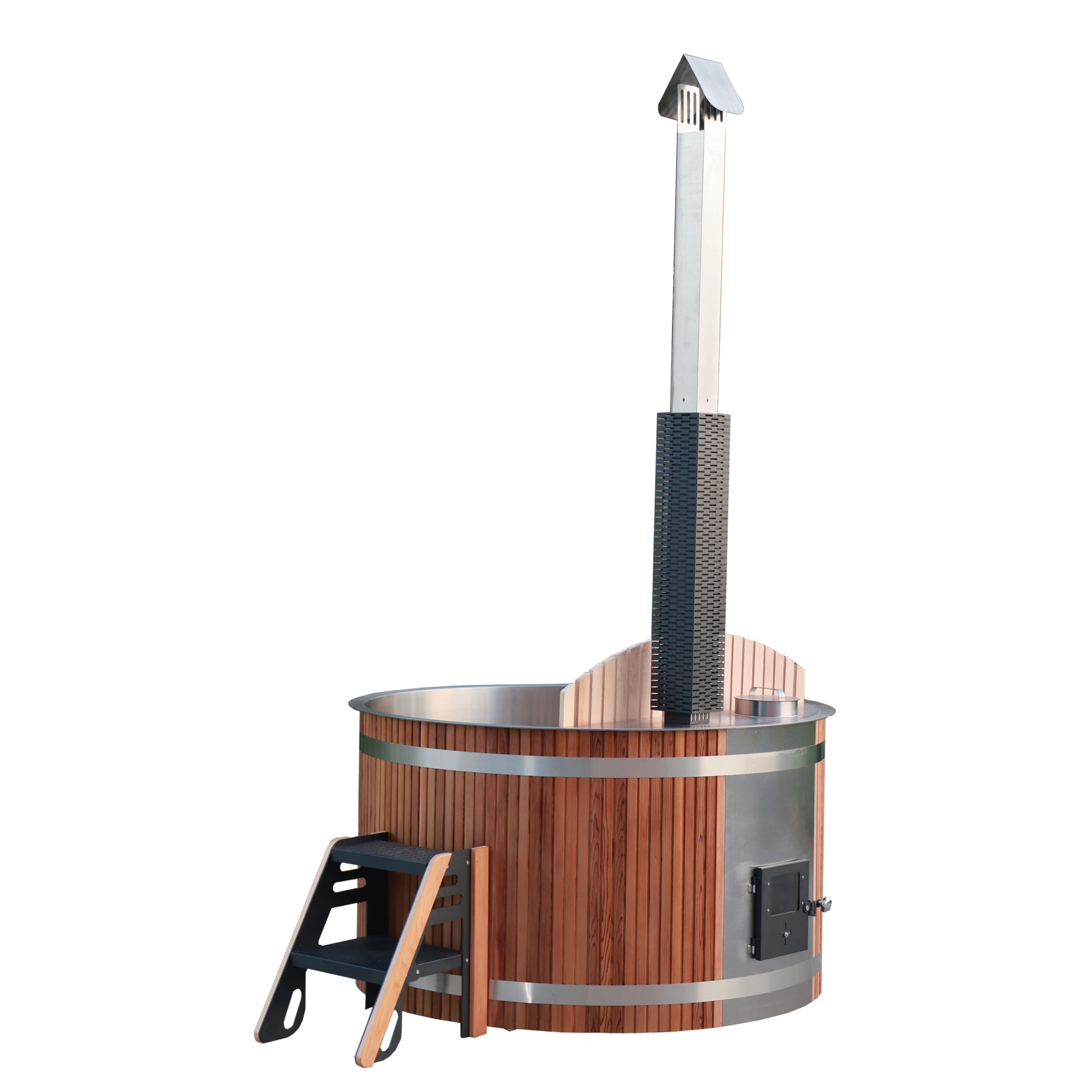 Close-up of cedar grain and steel hardware on woodfire hot tub