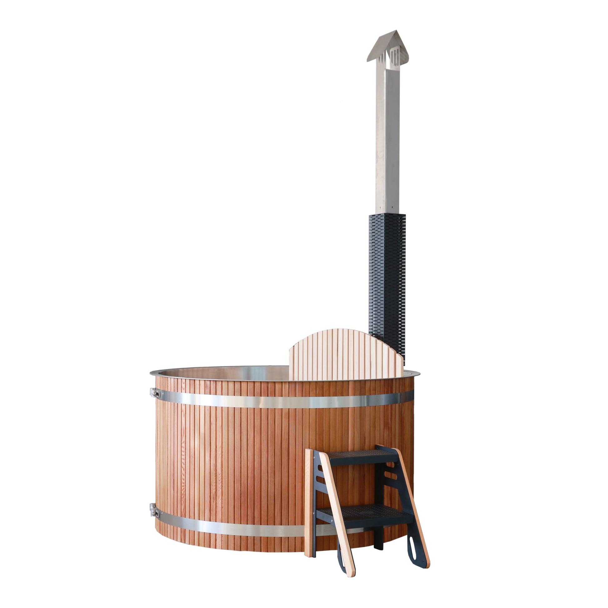 Handcrafted chimney flue attached to outdoor hot tub firebox