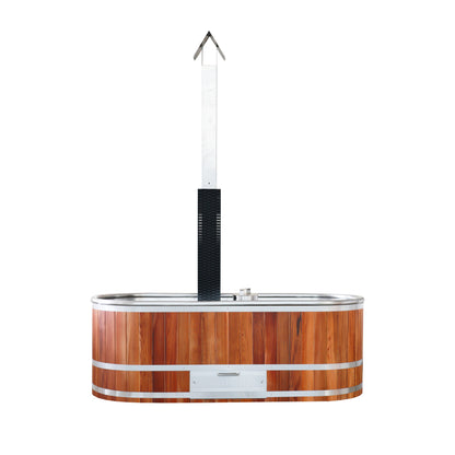 Close-up of cedar grain and steel hardware on woodfire hot tub