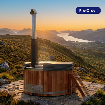 XL cedar and stainless steel wood-fired hot tub with insulated lid and ladder in a luxury outdoor setting.