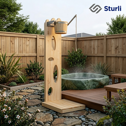 Sturli-Outdoor-Shower-with-Bucket-in-garden-setting